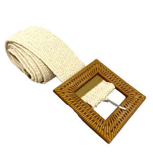 Natural Straw Color Stretch Belt With Faux Wood Wicker Buckle One Size Fits Most